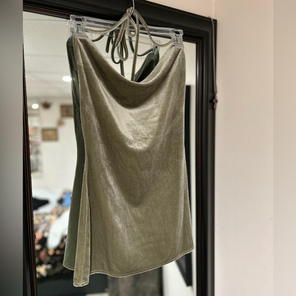 Sage green backless mini halter dress